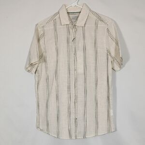 NWT Ike Behar Linen Blend Natural/Black Striped Button Down Mens Size Small